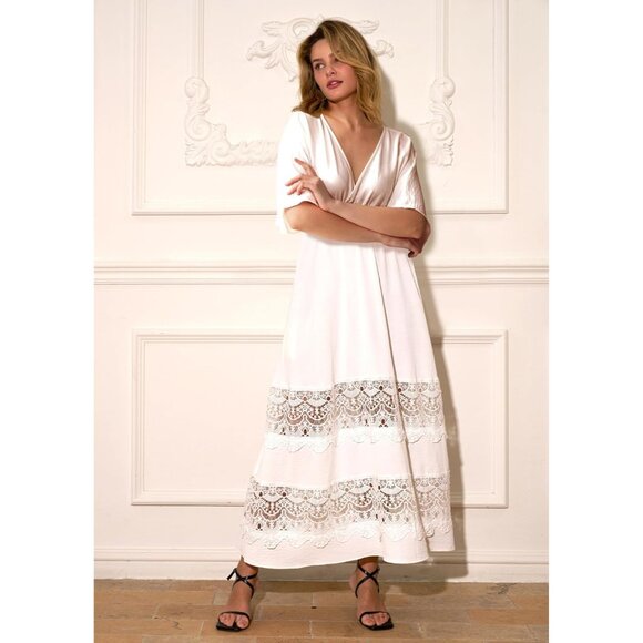 Women's Boho Maxi Dress Short Sleeve V Neck Flowy with Pockets for Wedding - Picture 3 of 8